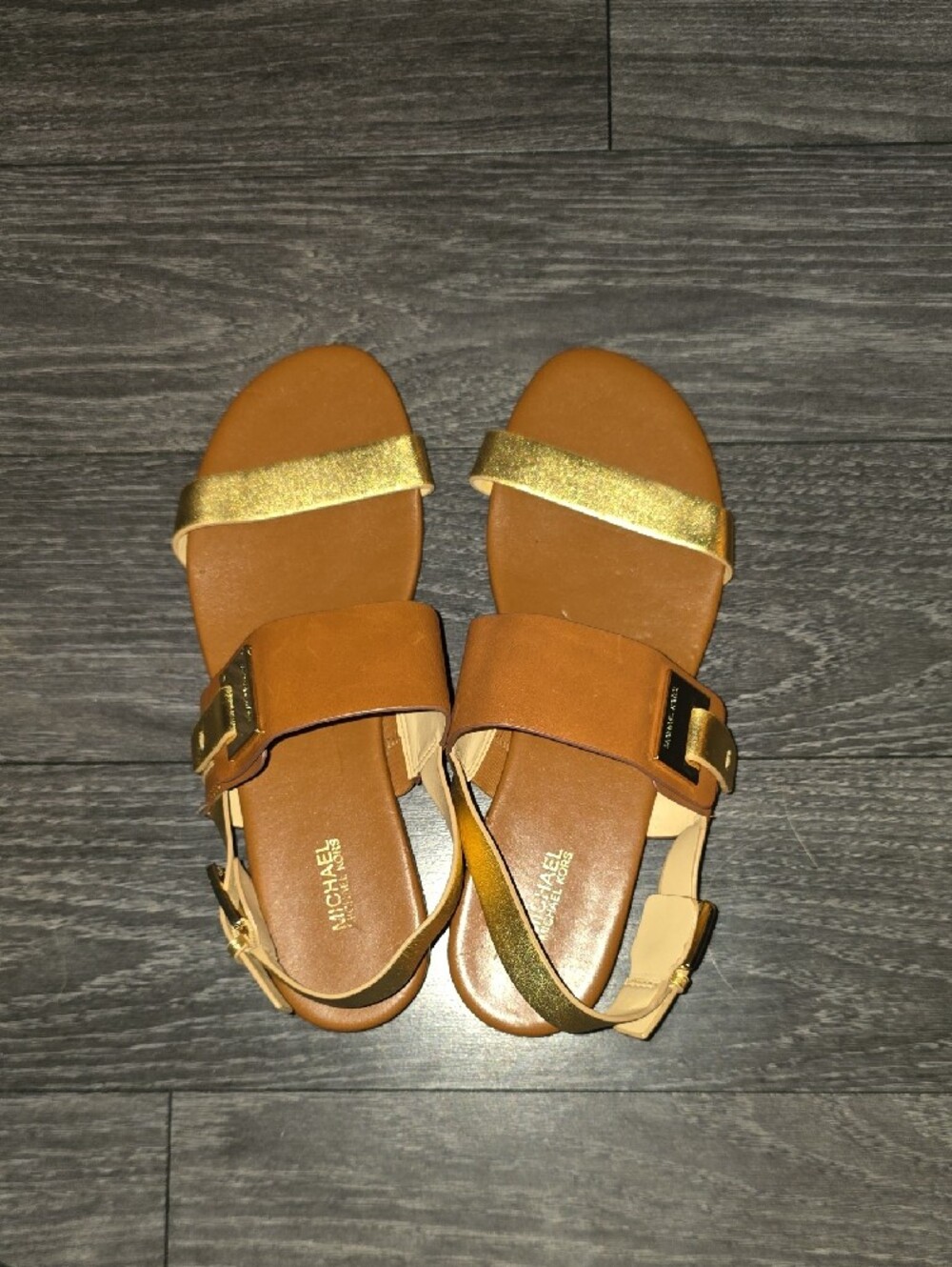 Michael Kors Tan and Gold Leather Slingback Sandals